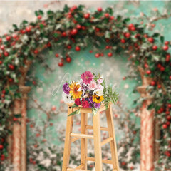 Aperturee - Aperturee Holly Berry Arch Backdrop Teal Wall Green Leaves Photography Background Winter Christmas Floral Holiday Party
