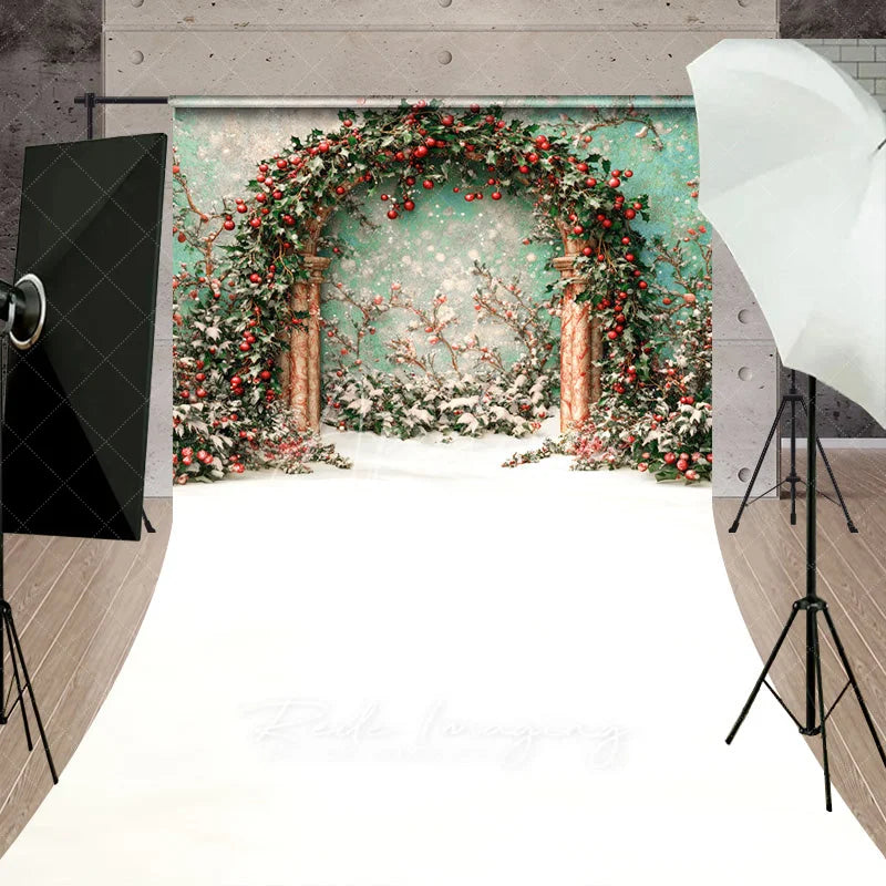 Aperturee - Aperturee Holly Berry Arch Sweep Backdrop Teal Wall Green Leaves Photography Background Winter Christmas Floral Holiday Party