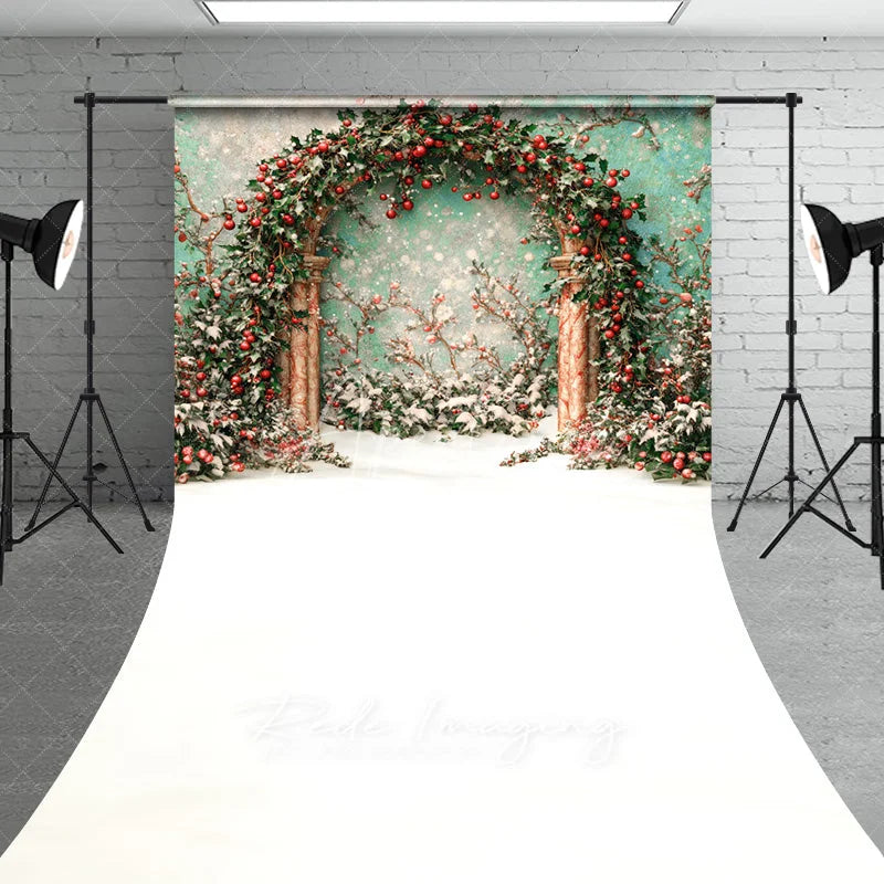 Aperturee - Aperturee Holly Berry Arch Sweep Backdrop Teal Wall Green Leaves Photography Background Winter Christmas Floral Holiday Party