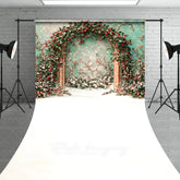 Aperturee - Aperturee Holly Berry Arch Sweep Backdrop Teal Wall Green Leaves Photography Background Winter Christmas Floral Holiday Party