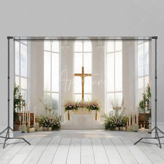 Aperturee - Aperturee Holy Church Cross Greenery Floral Wedding Backdrop