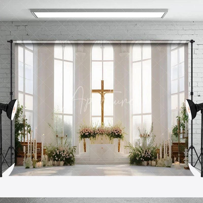 Aperturee - Aperturee Holy Church Cross Greenery Floral Wedding Backdrop
