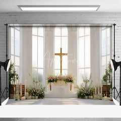 Aperturee - Aperturee Holy Church Cross Greenery Floral Wedding Backdrop