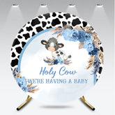 Aperturee - Aperturee Holy Cow We’re Having a Baby Round Backdrop Blue Floral Farm Animal Theme Boy Baby Shower Party Decor