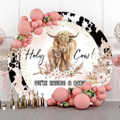 Aperturee - Aperturee Holy Cow We’re Having a Baby Round Backdrop Boho Highland Cow Theme Pampas Grass Baby Shower Party Decor