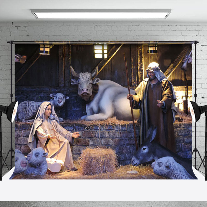 Aperturee - Aperturee Holy Night Rural Bullpen Nativity Christmas Backdrop