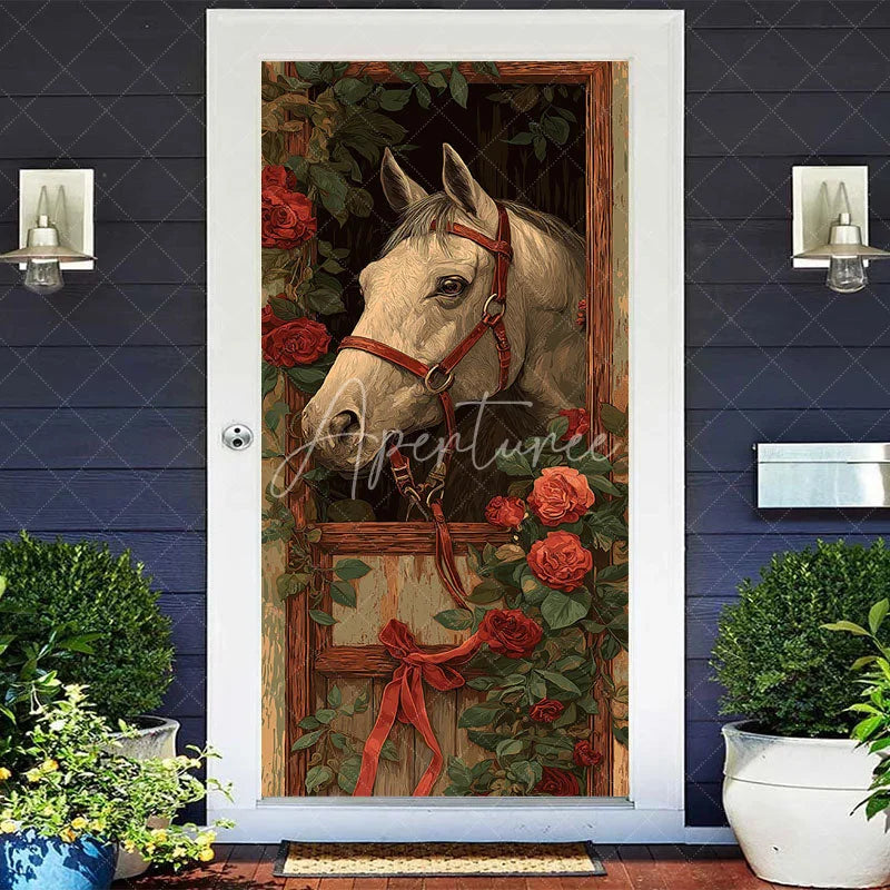 Aperturee - Aperturee Horse and Roses Door Cover Equestrian Stable with Red Roses and Ribbon Derby Party Decor