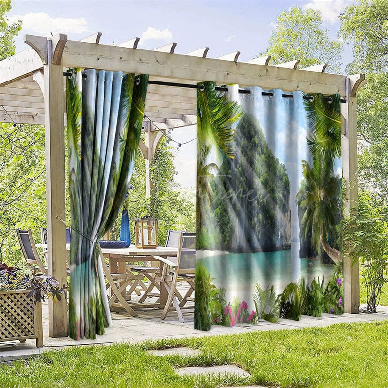 Aperturee - Aperturee Hot Beach Plant Waterproof Printed Outdoor Curtains