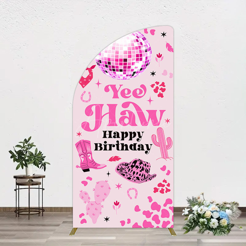 Aperturee - Aperturee Hot Pink Cowgirl Yee Haw Happy Birthday Half Moon Arch Backdrop