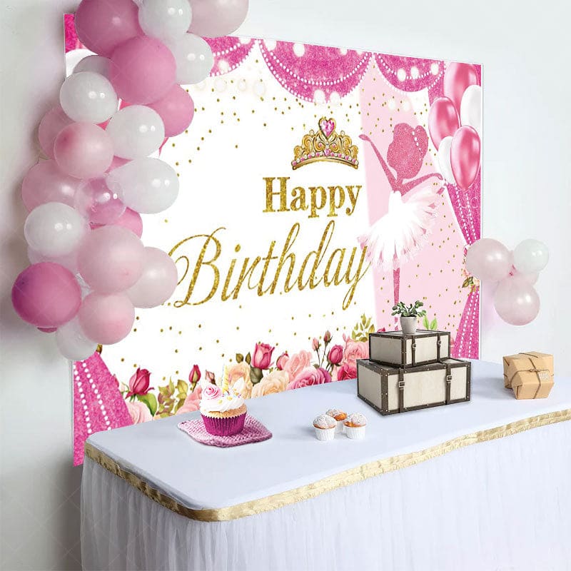 Aperturee - Aperturee Hot Pink Floral Crown Ballet Happy Birthday Backdrop