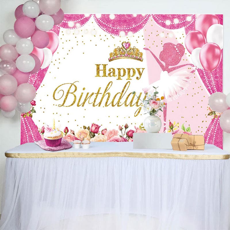 Aperturee - Aperturee Hot Pink Floral Crown Ballet Happy Birthday Backdrop