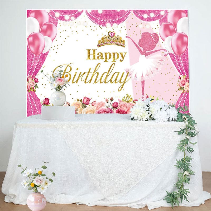 Aperturee - Aperturee Hot Pink Floral Crown Ballet Happy Birthday Backdrop