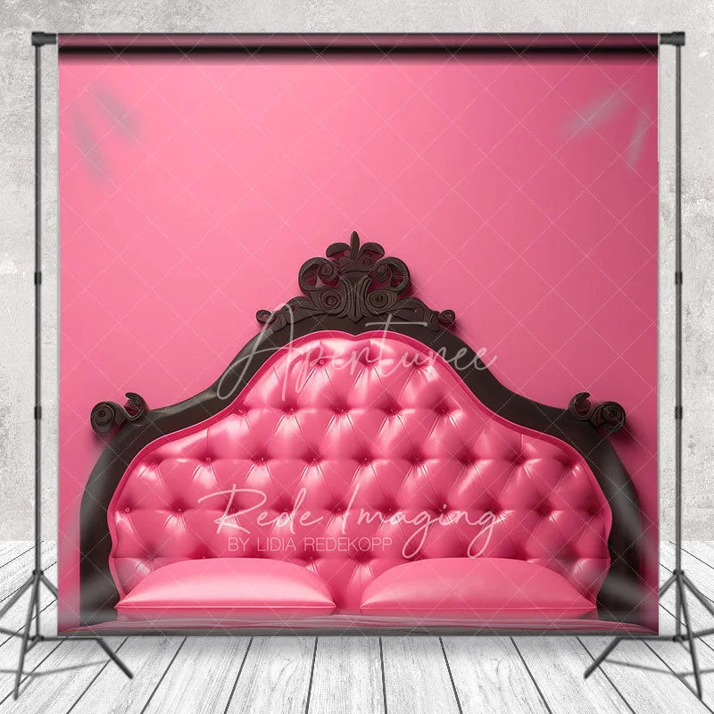 Aperturee - Aperturee Hot Pink Tufted Leather Headboard Backdrop Black Ornate Bed Frame Photography Background
