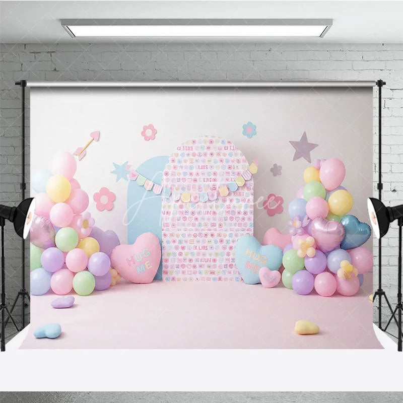 Aperturee - Aperturee Hug Me Candy Hearts and Pastel Balloon Backdrop Sweet Valentine Birthday Party Decor for Girls Cake Smash
