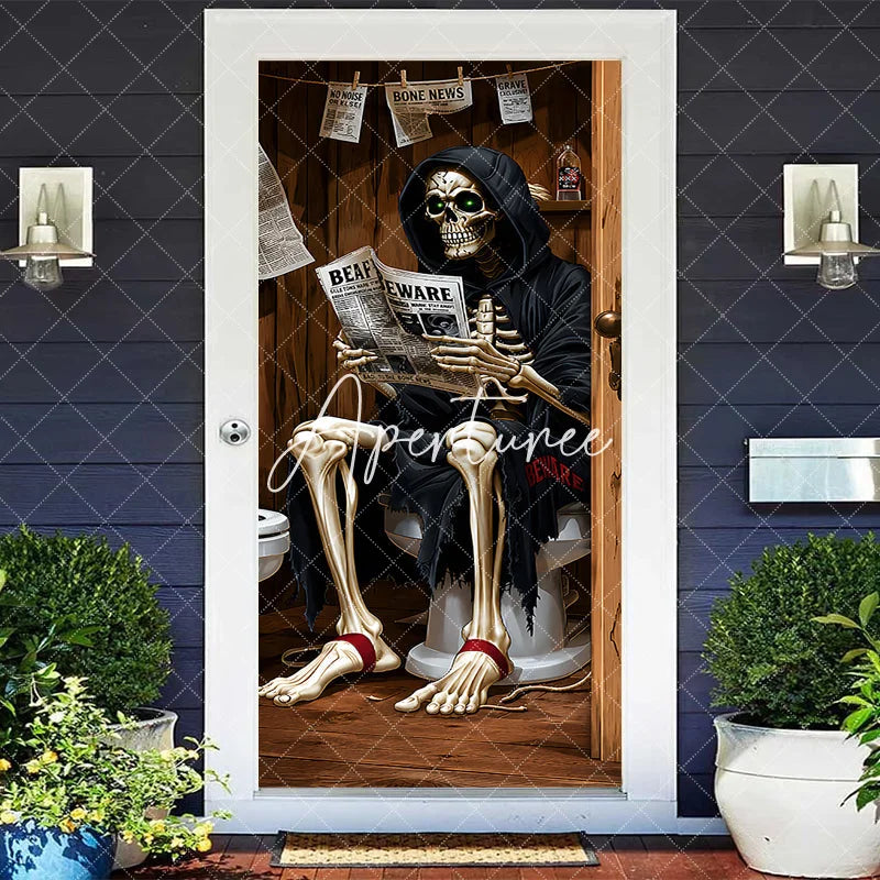 Aperturee - Aperturee Humorous Skeleton Reading Bone News on Toilet Door Cover Spooky Halloween Bathroom Party Decor