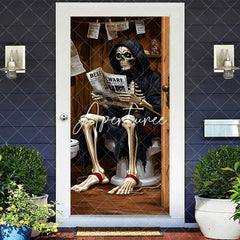 Aperturee - Aperturee Humorous Skeleton Reading Bone News on Toilet Door Cover Spooky Halloween Bathroom Party Decor
