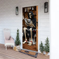 Aperturee - Aperturee Humorous Skeleton Reading Bone News on Toilet Door Cover Spooky Halloween Bathroom Party Decor