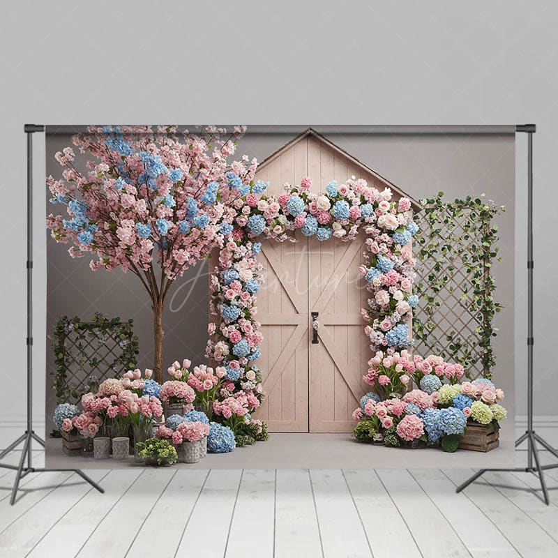 Aperturee - Aperturee Hydrangea Floral Farm Door Sweet Wedding Backdrop