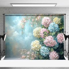 Aperturee - Aperturee Hydrangea Floral Fine Art Photography Backdrop Blue Pink Yellow Flowers Painting Background Spring Garden Photo Prop