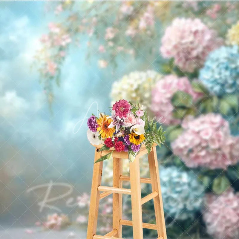 Aperturee - Aperturee Hydrangea Floral Fine Art Photography Backdrop Blue Pink Yellow Flowers Painting Background Spring Garden Photo Prop