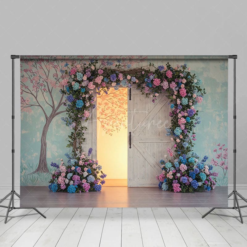 Aperturee - Aperturee Hydrangea Floral Wood Farm Door Wedding Backdrop