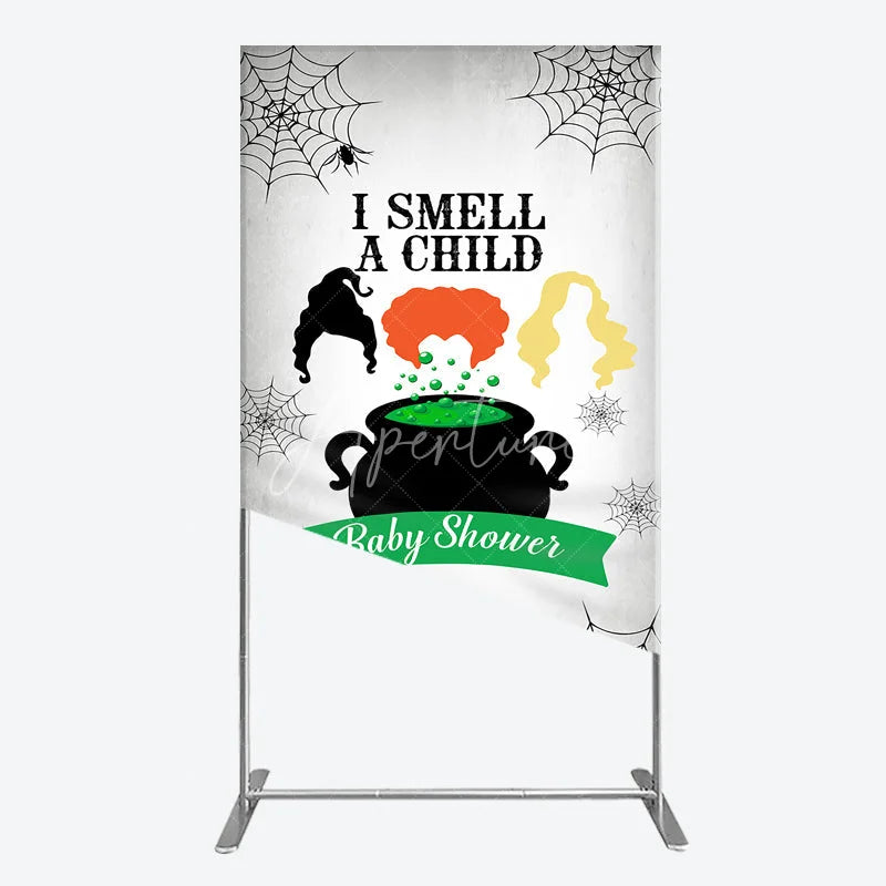 Aperturee - Aperturee I Smell a Child Halloween Baby Shower Rectangle Backdrop Hocus Pocus Inspired Witch Sisters A Baby is Brewing Decor