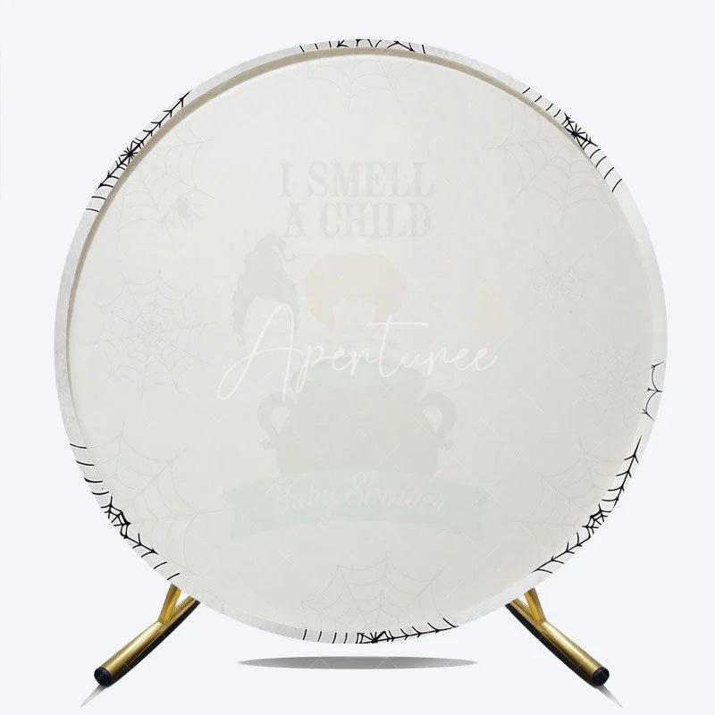 Aperturee - Aperturee I Smell a Child Halloween Baby Shower Round Backdrop Hocus Pocus Inspired Witch Sisters A Baby is Brewing Decor