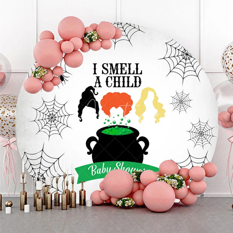 Aperturee - Aperturee I Smell a Child Halloween Baby Shower Round Backdrop Hocus Pocus Inspired Witch Sisters A Baby is Brewing Decor
