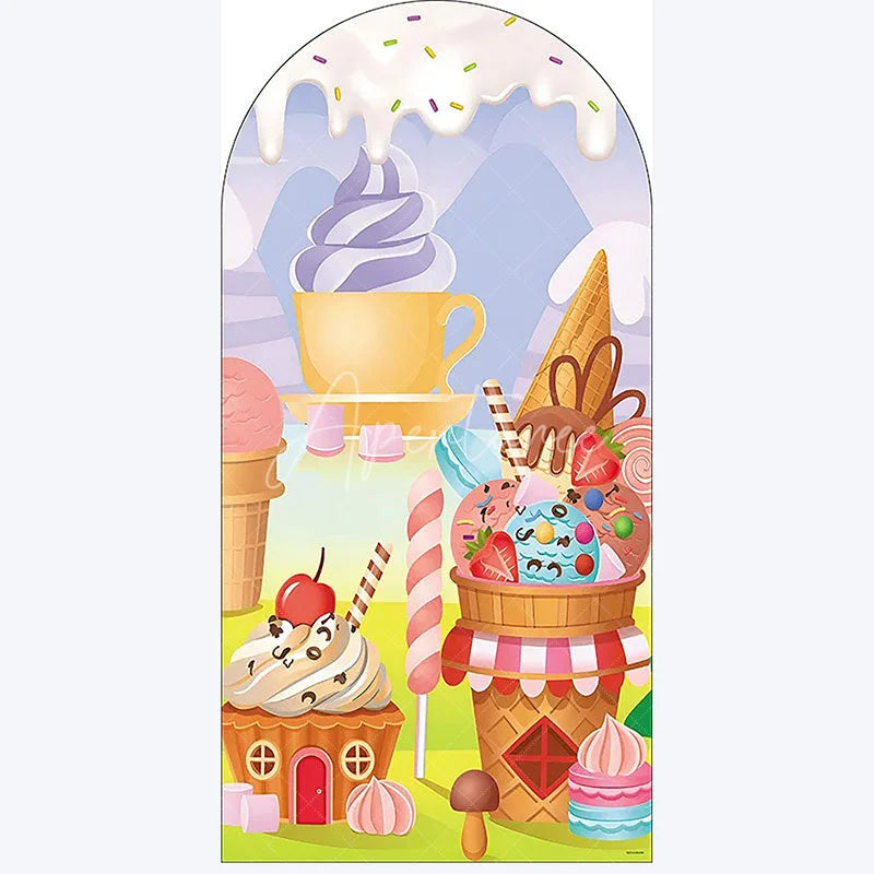 Aperturee - Aperturee Ice Cream Dessert Birthday Backdrop Sweet Candy Themed Arch Decor Fun Party Photo Booth for Girls