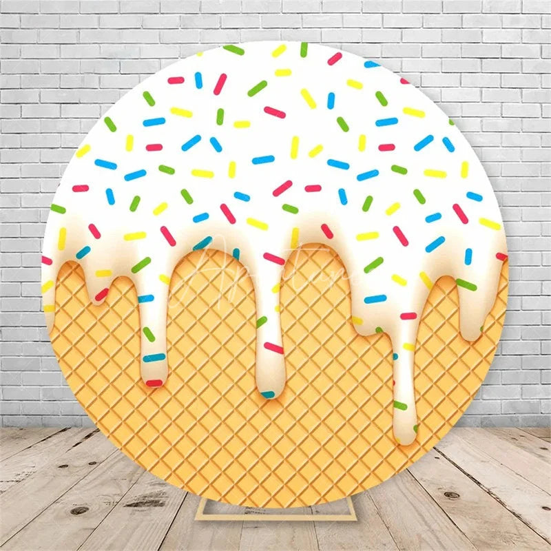Aperturee - Aperturee Ice Cream Round Backdrop Colorful Sprinkles Waffle Cone Birthday Party Decor Sweet Dessert Background