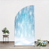 Aperturee - Aperturee Icy Blue Winter Wonderland Half Moon Arch Backdrop Featuring Snowflakes and Icicles for Holiday Decor