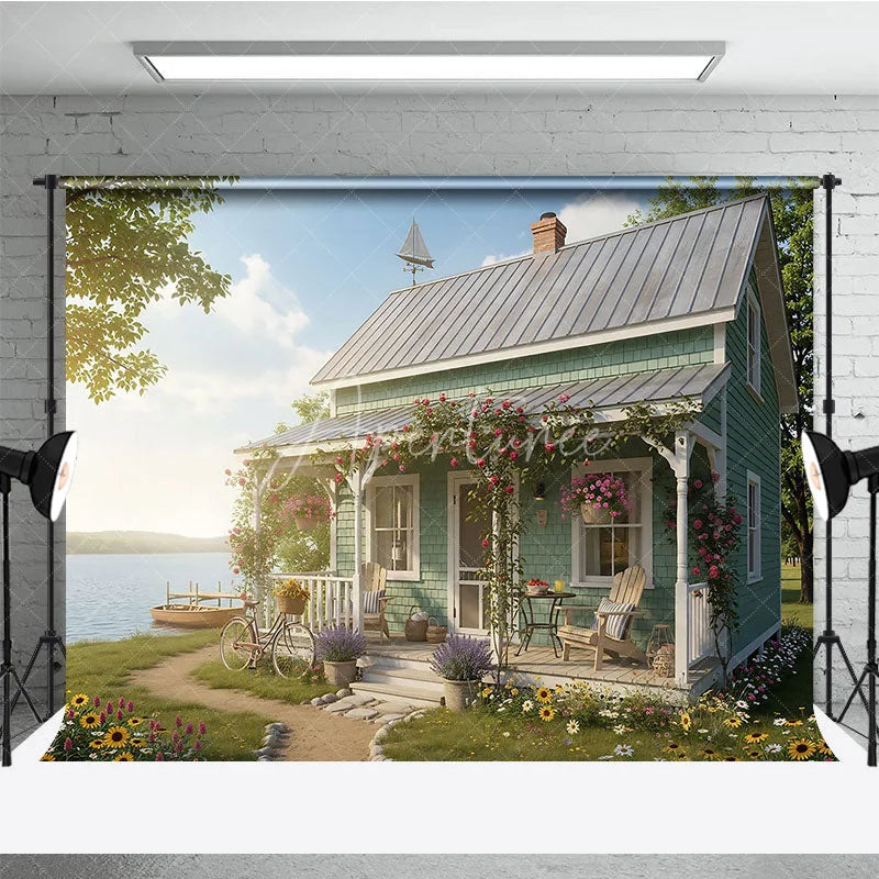 Aperturee - Aperturee Idyllic Lake House Photography Backdrop Rustic Cottage Porch with Blooming Roses Bicycle and Serene Lake View