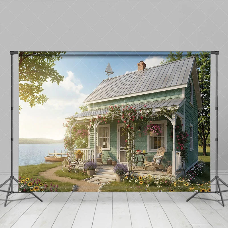 Aperturee - Aperturee Idyllic Lake House Photography Backdrop Rustic Cottage Porch with Blooming Roses Bicycle and Serene Lake View