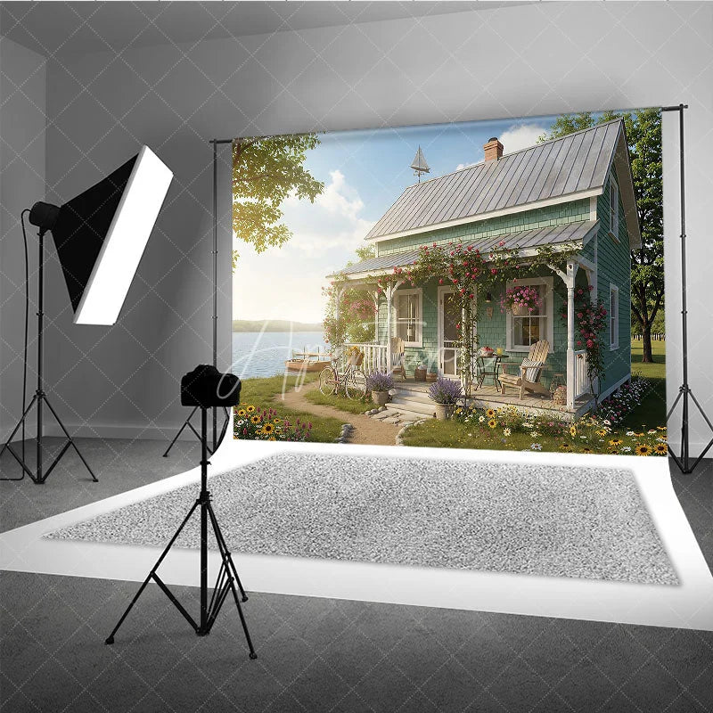 Aperturee - Aperturee Idyllic Lake House Photography Backdrop Rustic Cottage Porch with Blooming Roses Bicycle and Serene Lake View