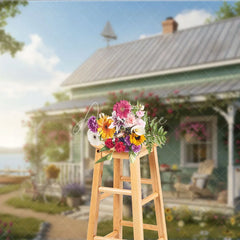 Aperturee - Aperturee Idyllic Lake House Photography Backdrop Rustic Cottage Porch with Blooming Roses Bicycle and Serene Lake View
