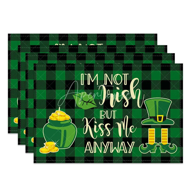 Aperturee - Aperturee Im Not Irish But Kiss Me Anyway Set of 4 Placemats St. Patricks Day Pot of Gold Plaid Table Mats