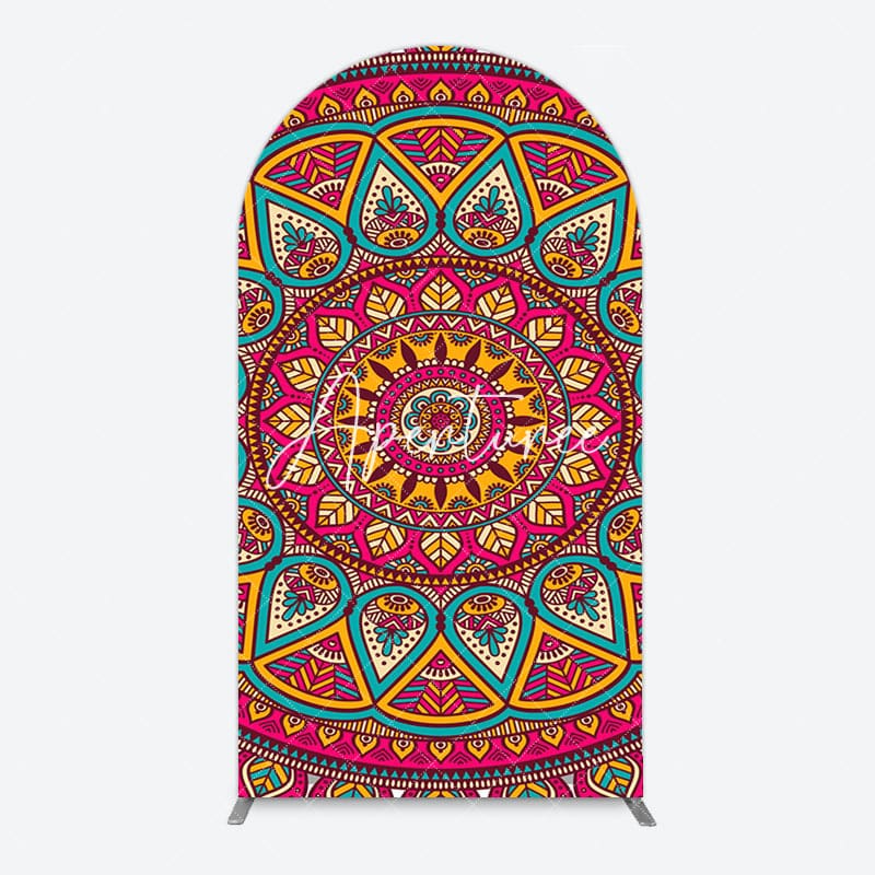 Aperturee - Aperturee Indian Mandala Boho Floral Birthday Arch Backdrop