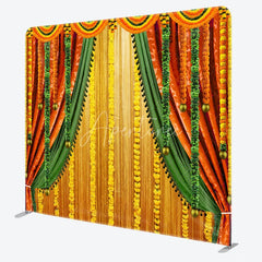 Aperturee - Aperturee Indian Pooja Ceremony Tension Fabric Backdrop Traditional Marigold Flower Garland Decor Diwali Haldi Mehendi Wedding
