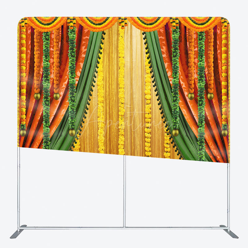 Aperturee - Aperturee Indian Pooja Ceremony Tension Fabric Backdrop Traditional Marigold Flower Garland Decor Diwali Haldi Mehendi Wedding