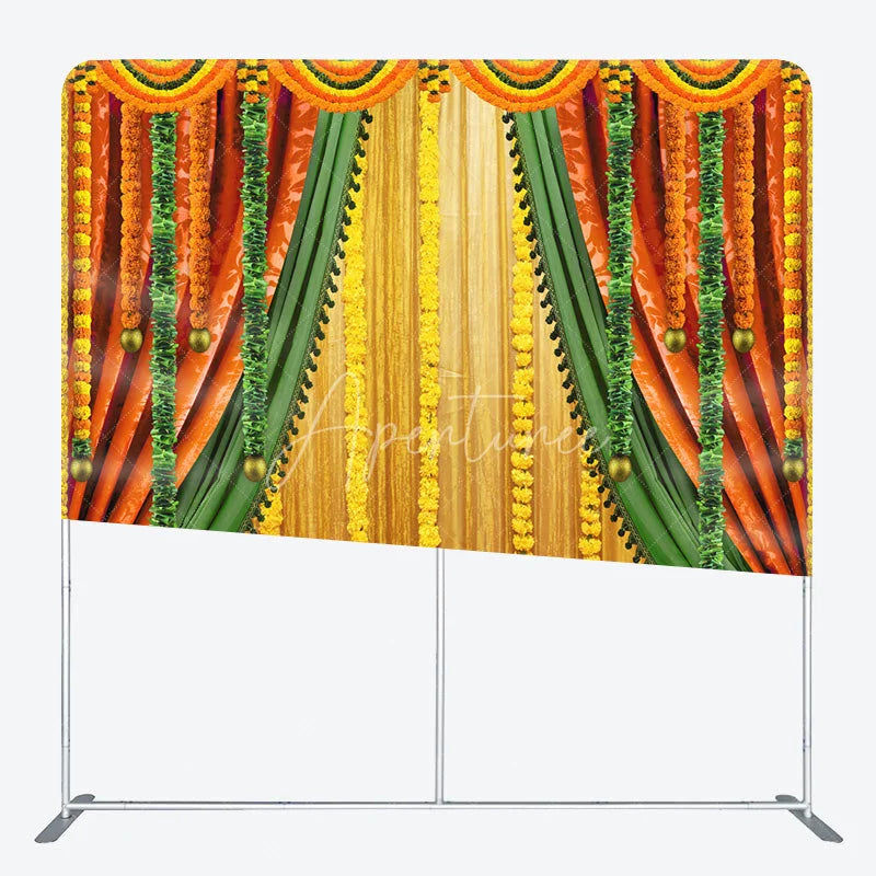 Aperturee - Aperturee Indian Pooja Ceremony Tension Fabric Backdrop Traditional Marigold Flower Garland Decor Diwali Haldi Mehendi Wedding