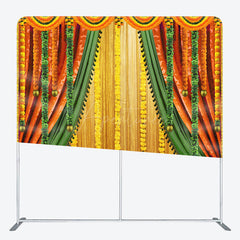 Aperturee - Aperturee Indian Pooja Ceremony Tension Fabric Backdrop Traditional Marigold Flower Garland Decor Diwali Haldi Mehendi Wedding