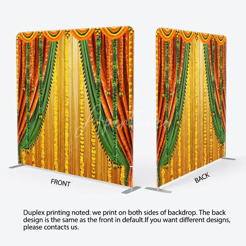 Aperturee - Aperturee Indian Pooja Ceremony Tension Fabric Backdrop Traditional Marigold Flower Garland Decor Diwali Haldi Mehendi Wedding