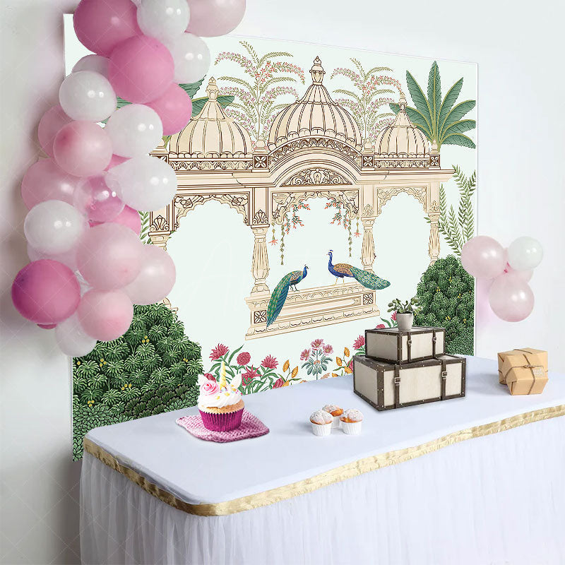 Aperturee Aperturee Indian Temple Green Plants Peacock Birthday Backdrop