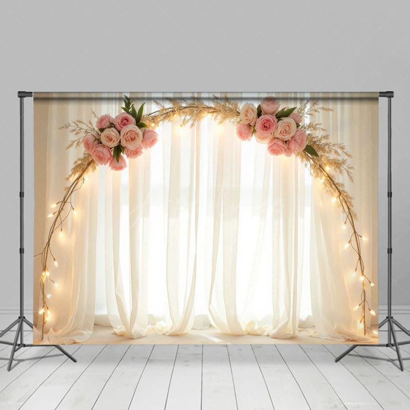Aperturee - Aperturee Indoor Beige Chiffon Light Arch Floral Wedding Backdrop