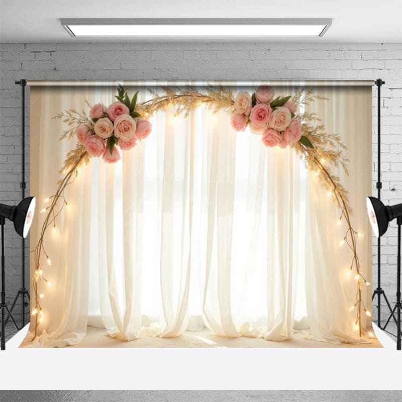 Aperturee - Aperturee Indoor Beige Chiffon Light Arch Floral Wedding Backdrop