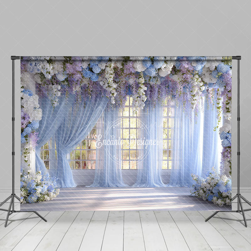 Aperturee - Aperturee Indoor Garden Wedding Photography Backdrop Hanging Wisteria with Blue Drapes Romantic Floral Background