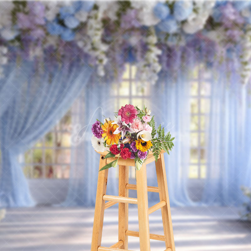 Aperturee - Aperturee Indoor Garden Wedding Photography Backdrop Hanging Wisteria with Blue Drapes Romantic Floral Background