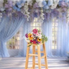 Aperturee - Aperturee Indoor Garden Wedding Photography Backdrop Hanging Wisteria with Blue Drapes Romantic Floral Background