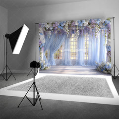 Aperturee - Aperturee Indoor Garden Wedding Photography Backdrop Hanging Wisteria with Blue Drapes Romantic Floral Background