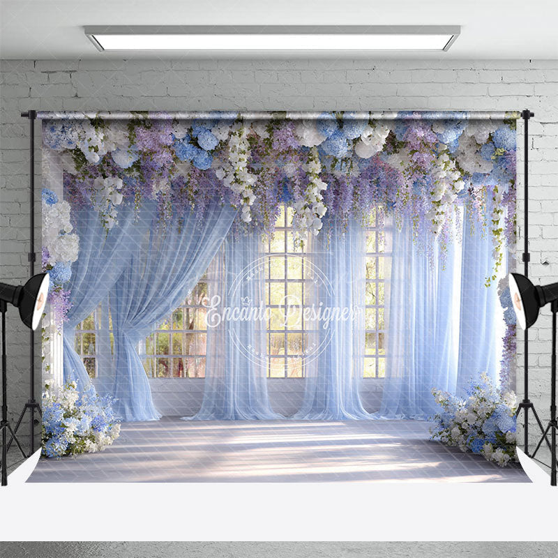 Aperturee - Aperturee Indoor Garden Wedding Photography Backdrop Hanging Wisteria with Blue Drapes Romantic Floral Background